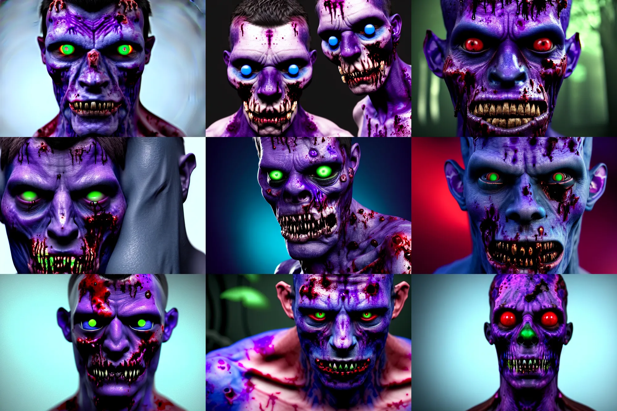 Prompt: dark zombified violet human with highly detailed blue and red jewels in his skin. neutral facial expression, no blood. head and shoulders'shot. dark background is an organic rainforest. digital art. 4 k octane render.