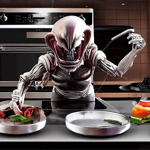 Prompt: xenomorph-cooking-show-host, hell’s-kitchen, photorealistic, film-camera, 4K, fine detail