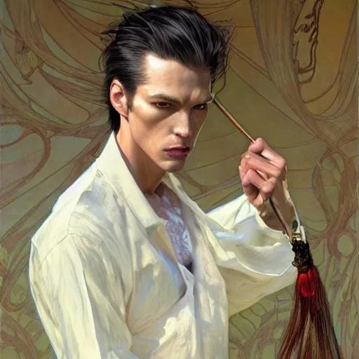 Prompt: skinny male, slightly muscular, white hair, long hair, highly detailed, sharp focus, digital paining, character concept art, art by joseph leyendecker, donato giancola, dean cornwell, ruan jia, ayami kojima, alphonse mucha, cedric peyravernay, tom bagshaw