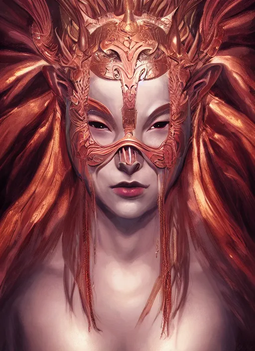 Prompt: a beautiful detailed oil on copper art illustration of a japanese basara mask devil woman, centered, by charlie bowater, zeng fanzh, trending on artstation, dim dusk lighting, cinematic lighting, detailed lighting, volumetric lighting, realistic, f 8, 4 k hd wallpaper