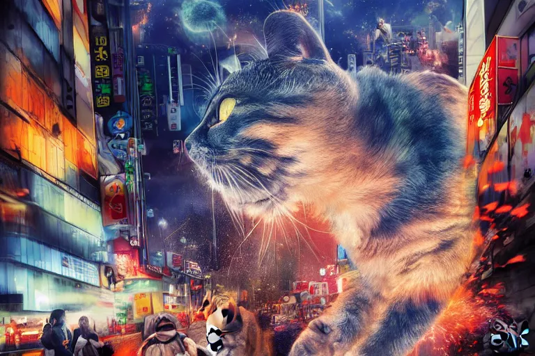 Prompt: cat attacking Tokyo, disaster movie poster, masterpiece, masterwork, cgstudio