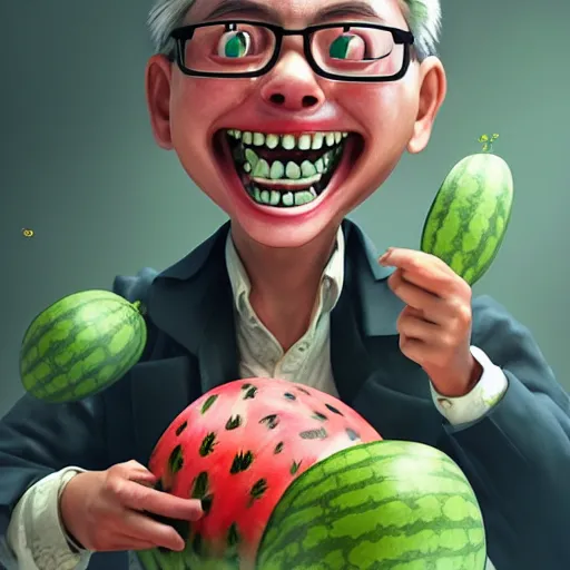 Image similar to a mad scientist in his back yard laughing happily at the watermelons which are falling from the sky , made by Stanley Artgerm Lau, WLOP, Rossdraws, ArtStation, CGSociety, concept art, cgsociety, octane render, trending on artstation, artstationHD, artstationHQ, unreal engine, 4k, 8k,