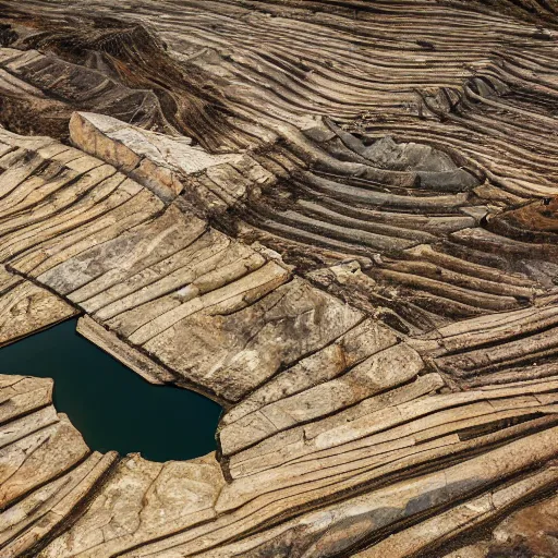 Image similar to huge deep stone quarry landscape bottom-up view of dirty stones in a quarry of different fractions in the evening light ultra detailed by Emmanuel Lubezki, golden hour, atmospheric lighting, 8k resolution, best color graded, vray beautiful, hyper-realistic render W 1920 H 1080