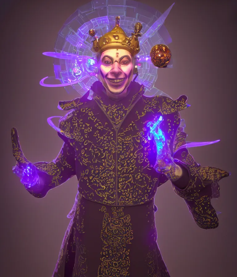 Image similar to front!!! shot of a court jester!!! character, hyperdimensional, bioluminescent hypercubes, dark holography!!!, future, chrome, (((intricate))), ((octane render, nvidia raytracing demo)), elegant, highly detailed, centered, (((artstation, concept art, smooth, sharp focus, artgerm, Tomasz Alen Kopera, Peter Mohrbacher, donato giancola, Joseph Christian Leyendecker, WLOP, Boris Vallejo))), mugshot!!!!!, ugly!!!!!!, octane render, nvidia raytracing demo, octane render, nvidia raytracing demo, octane render, nvidia raytracing demo, grainy, muted, 8K, digitalblasphemy, metatron