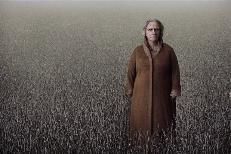 Image similar to a cinematic!!! headshot!!! portrait of a frozen middle aged woman stood in a field, ( ( ( field on fire ) ) ), ultra realistic, depth, beautiful lighting, by annie leibovitz, by!!!!! mattias adolfsson!!!!!