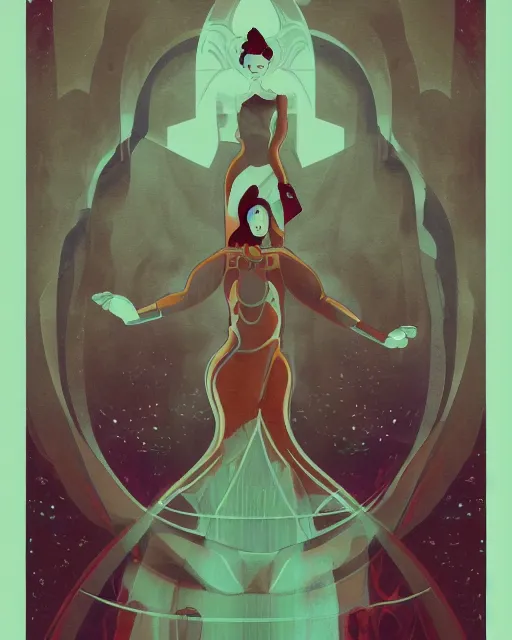 Image similar to retro dark vintage sci - fi. 2 d matte dark gouache illustration in a mystical style. a woman in a river holding two vases. symmetrical face.