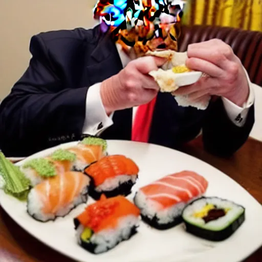 Prompt: donald trump eating sushi