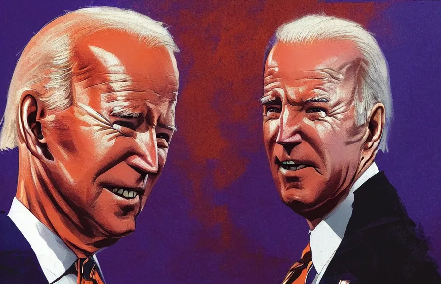 Prompt: Joe Biden casts a long shadow, by Greg Rutkowski and Dave McKean orange and purple color palette