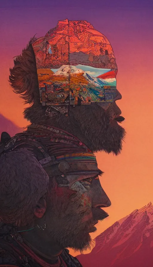 Image similar to close shot of a lonesome warrior looking at the sunrise at the himalayas by sandra chevrier, moebius, atmospheric, fine details, vivid, neon, masterpiece