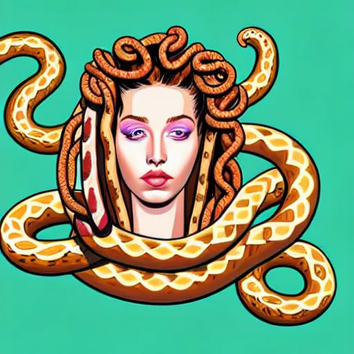 Prompt: medusa with bratwurst instead of snakes, bratwurst hair, photorealistic, illustration, intricate details, masterpiece