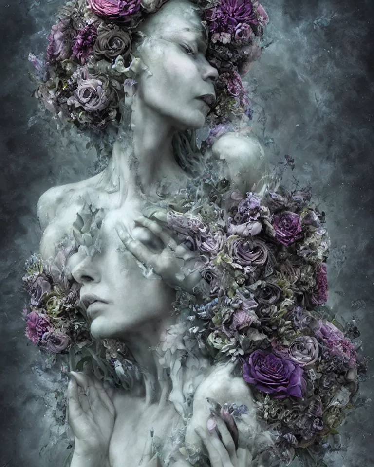 Prompt: portrait of a gothic cemetery statue made of mist and flowers breaking apart and mutating into mist, cosmic horror, Andrew Ferez, Charlie Bowater, Marco Mazzoni, Seb McKinnon, Ryohei Hase, Alberto Seveso, Kim Keever, trending on cgsociety, featured on zbrush central, new sculpture, mystical