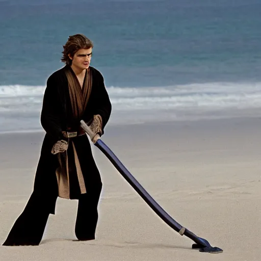 Prompt: Hayden Christensen as Anakin Skywalker Vacuuming the beach for sand, photo,