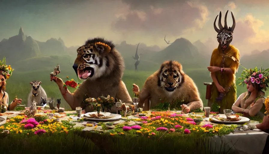 Image similar to a table dinner of exotic animals where animals are dressed like the characters from the midsommar movie wearing flowers, sharp focus, realistic detailed digital art by maxwell boas jessica rossier christian dimitrov anton fadeev trending on artstation cgsociety rendered in unreal engine 4 k hq