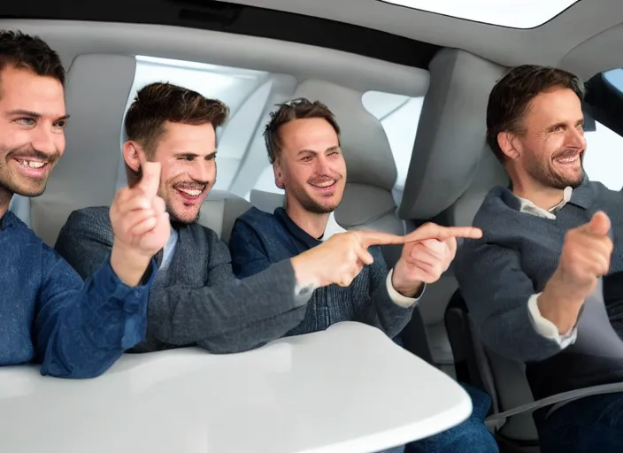 Image similar to several men look forward to the future, happy, high tech interior