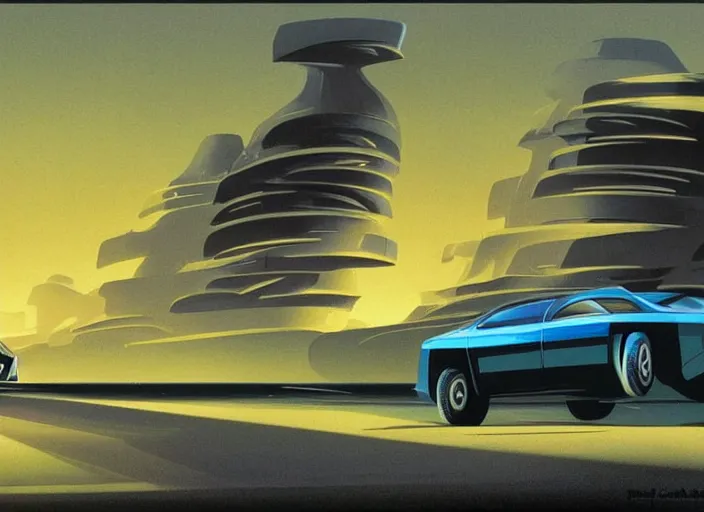 Prompt: a sport sedan car in a future city. style by peter elson and eyvind earle.