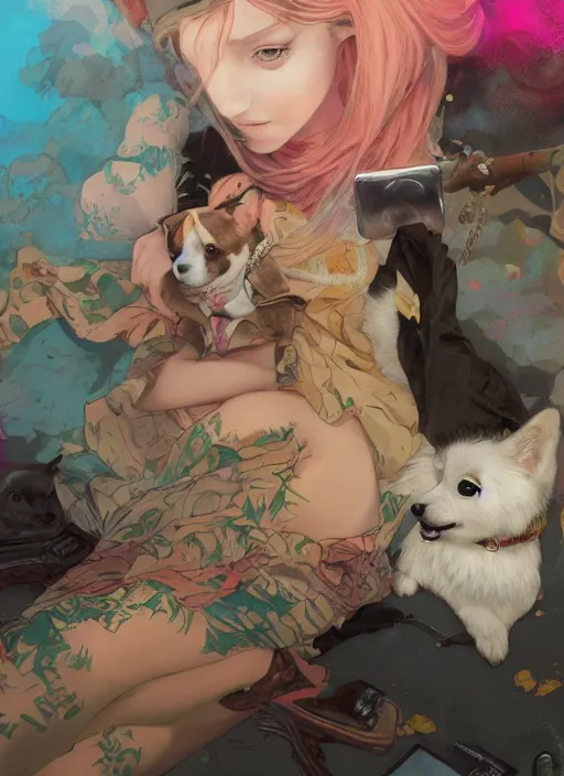 Prompt: beautiful fantasy painting of a Hiphop Lofi princess and corgi chilling to music, by Kenne Gregoire, James Jean, Tran Nguyen, WLOP, Jakub Rebelka. trending on Artstation, 8k, masterpiece, face enhance, graffiti paint, fine detail, full of color, intricate detail, golden ratio illustration