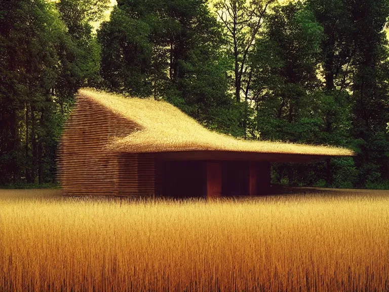 Image similar to hyperrealism design by frank lloyd wright and kenzo tange photography of beautiful detailed small house around the forest in small ukrainian village depicted by taras shevchenko and wes anderson and caravaggio, wheat field behind the house, volumetric natural light