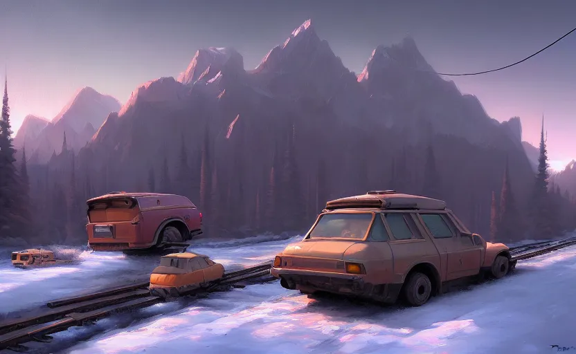 Image similar to 🌆 🚙 🛤 🌨 🏔, by tyler edlin, scott listfield, detailed, realistic, real, atmospheric, hd, artstation, deviant art