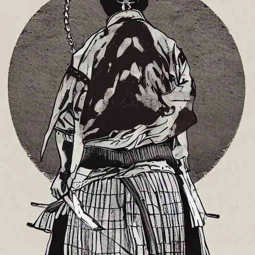 Prompt: A PORTRAIT FROM BEHIND OF A SAMURAI MAN VAGABOND WITH A MOON BEHIND HIM ,THE SAMURAI IS WRAPPED IN CHAINS ,detailed, concept art, ink style , sketch