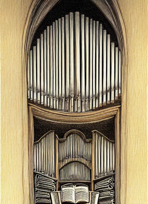 Image similar to pipe organ made of large books, pen and ink digital illustration, subtle colors, by alan lee and john howe