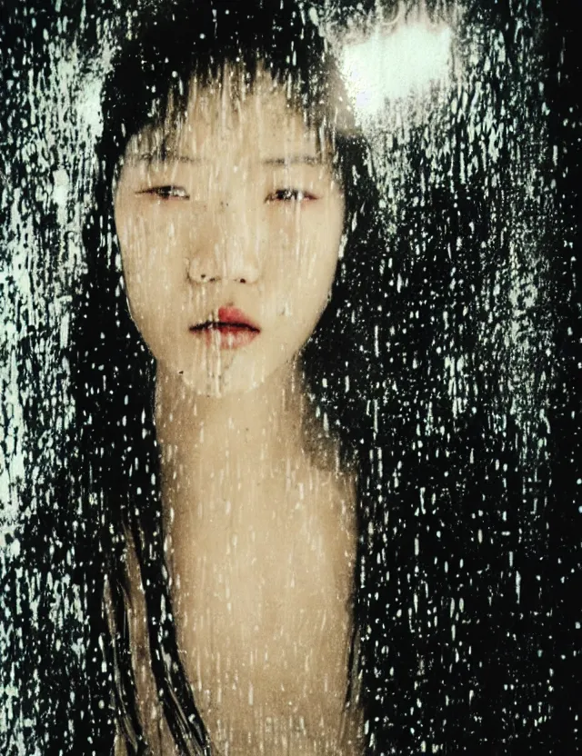 Prompt: polaroid photo with flash, portrait of a asian woman with glossy skin and wet hair in style of matrix, polaroid photo bleached strong lights, kodak film stock, hyper real, stunning moody cinematography, with anamorphic lenses, by maripol, detailed