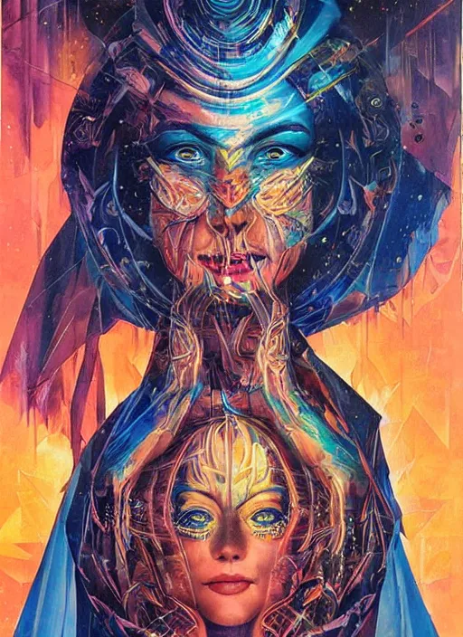 Prompt: gorgeous magic cult psychic woman smiling, third eye, energetic consciousness psychedelic, epic surrealism expressionism symbolism, story telling, iconic, dark robed, oil painting, symmetrical face, dark myth mythos, by Sandra Chevrier , Bruce Pennington, masterpiece