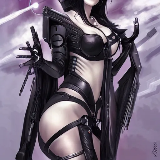 Prompt: A pale cyberpunk goth girl, cover by Artgerm