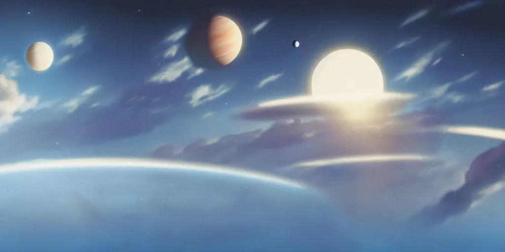 Image similar to blue dreamy cloudscape with a single planet in the clouds, ringed planet, daylight, cinematic lighting, cinematic perspective, syd mead, john harris, federico pelat,