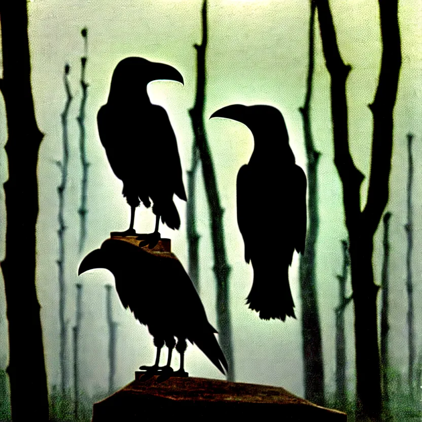 Image similar to a Raven standing on human skull on a table in a foggy forest, by Casey Baugh, Steve Caldwell, Gottfried Helnwein, and Artgerm, sharp focus, 8k resolution, masterpiece work, pristine condition film still from 1980