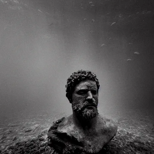 Image similar to Award-winning photograph by Mar Mann. The photo depicts a decaying roman bust of luiz inacio lula da silva overgrown with moss at the bottom of the sea in the middle of ruins of civilization. Minimalism, high definition, perfect composition. Deep sea picture. Very dark. Volumetric Lighting. Fish. Darkness. Ruins