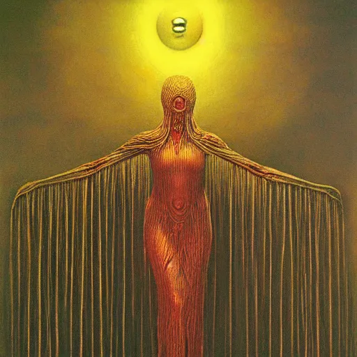 Image similar to the queen of the sun by zdzislaw beksinski and h. r. giger, oil on canvas