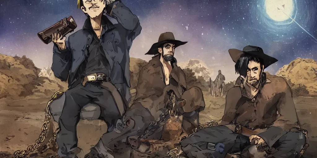 Prompt: rugged bandit ( ( alone ) ) in the old west, handcuffed by shackles at a campfire, cinematic, dark, grim, starry sky, in the style of trigun anime