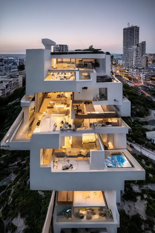 Image similar to buliding design by ricardo bofil, function is residential ， people take pohto at the roof ， dusk seaside ， photography ， 8 k