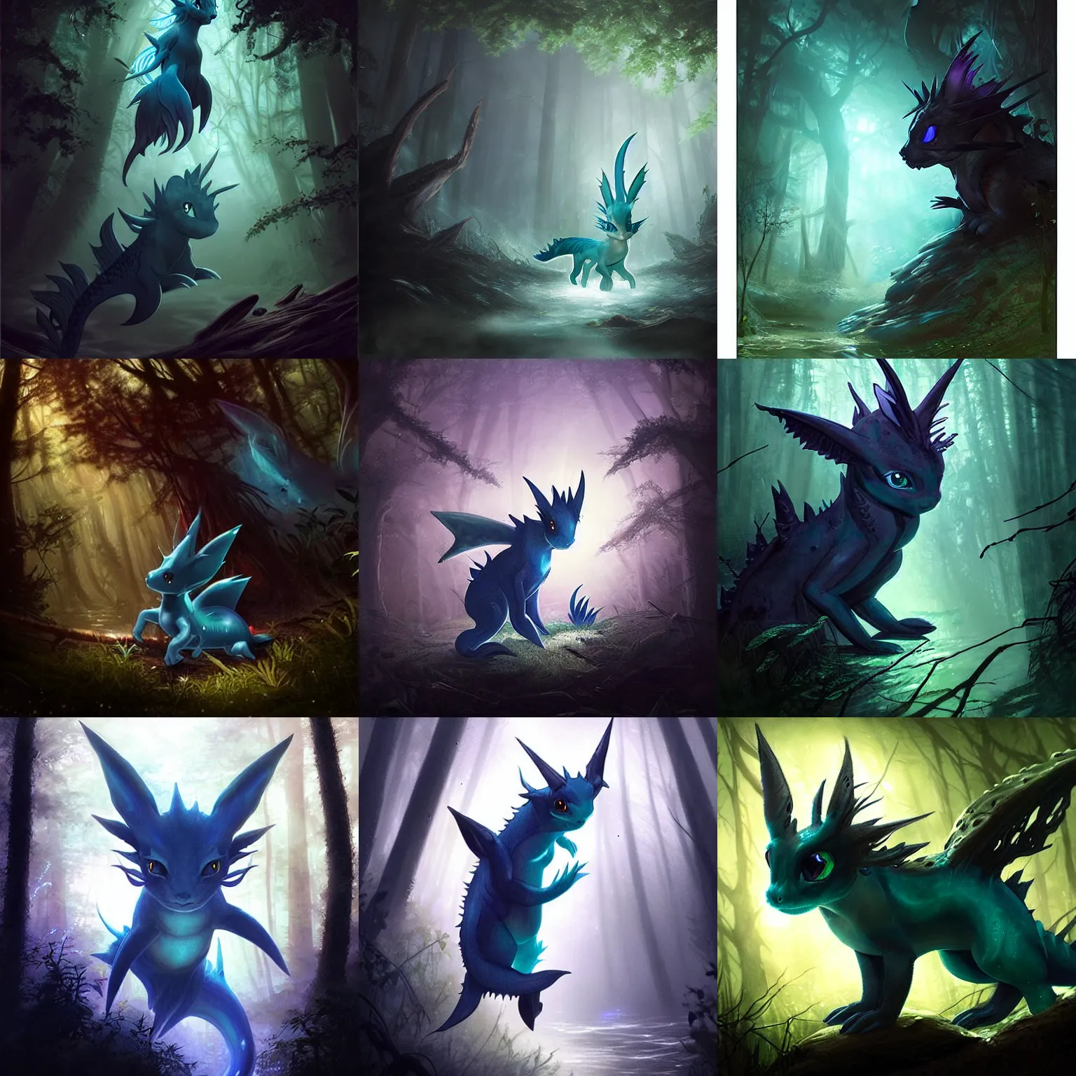 Prompt: a vaporeon as a cryptid silhouetted in a dark forest, glowing eyes, fantasy digital painting, stunning intricate details, artwork by ross tran and greg rutkowski