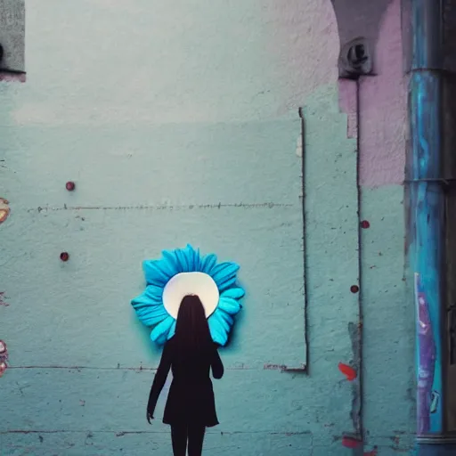 Image similar to giant flower head, woman walking through city, surreal photography, cinematic, blue sky, symmetry, detailed, retro, wes anderson