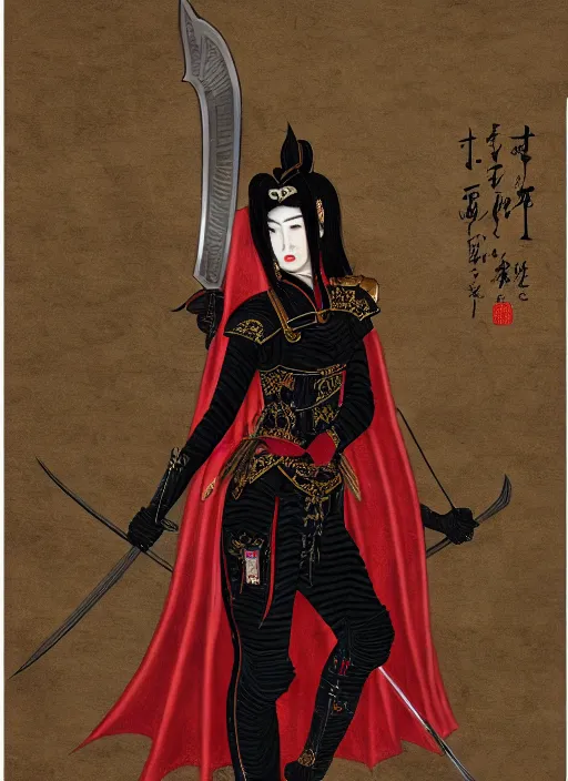 Image similar to full portrait of female vampire jinyiwei wearing black heavy armor and pointed helmet, stern, agile, elegant, imposing, jinyiwei, embroidered uniform guard, secret agent, detective, chinese armor, historical armor, pointed helmet, katana, nodachi, japanese sword, ming dynasty, detailed, realistic, anatomically accurate.