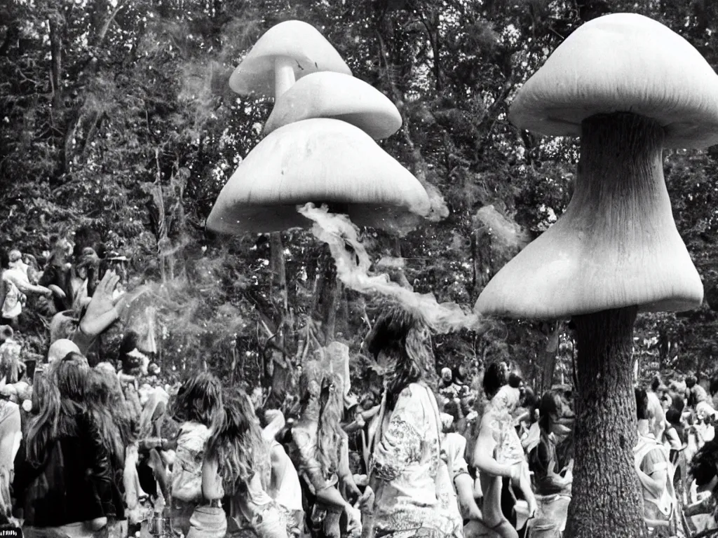 Image similar to 70s photo of giant mushroom smoking a joint at trippy psychedelic hippy festival Woodstock