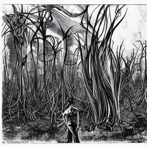 Prompt: A forest of giant man-eating carnivorous plants in the jungles of Venus. Pulp sci-fi.