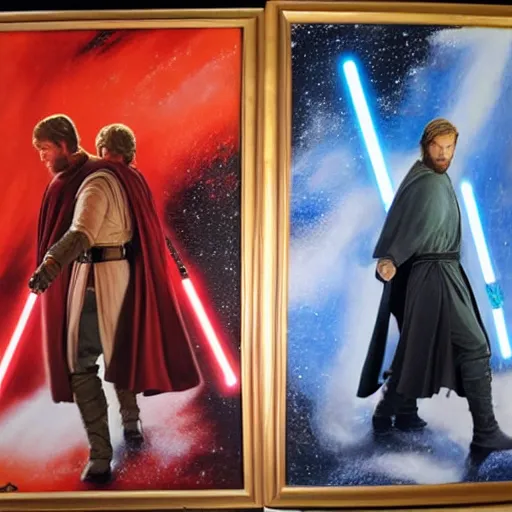 Prompt: luke skywalker against obi wan kenobi, luke skywalker has a red lightsaber, realistic painting, realistic faces, radiant light