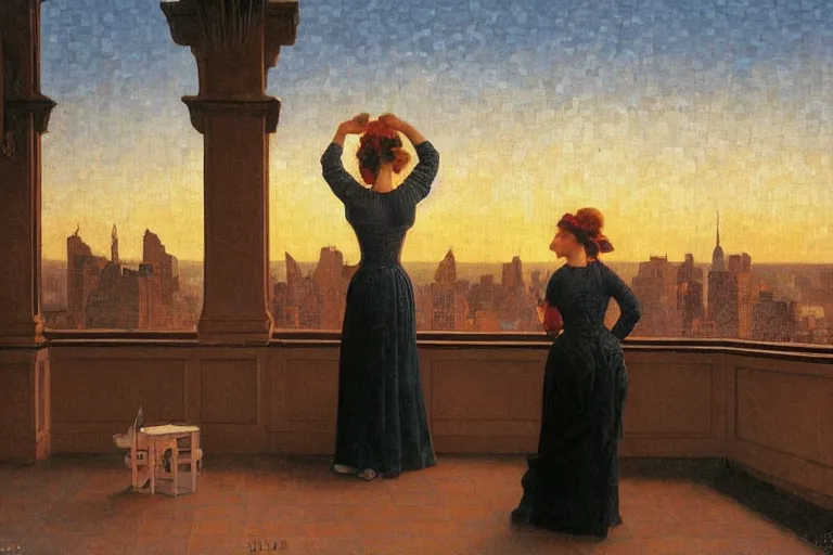 Image similar to painting of a lady, in a rooftop, watching new york, beautiful, sunset, romantic, by ludwig deutsch and maxfield parrish, patterned tilework, extremely detailed, cinematic lighting, smooth sharp focus