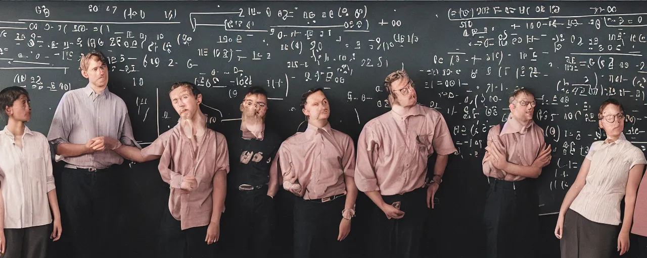 Image similar to mathematicians standing around a chalkboard with spaghetti, attempting to solve an algorithm, based on spaghetti, detailed facial expression, canon 5 0 mm, cinematic lighting, photography, retro, film, kodachrome