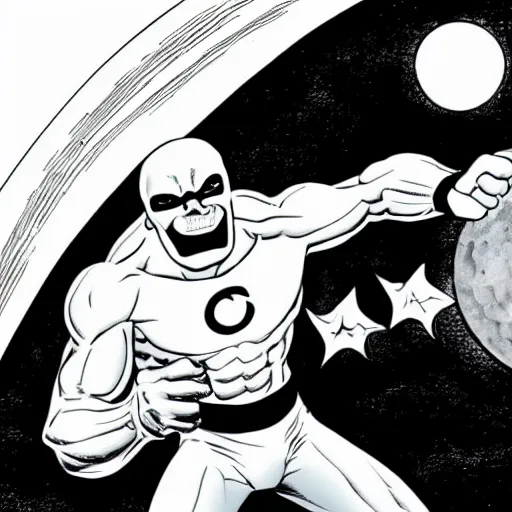 Image similar to comic White Lantern in black and white uniform in space standing infront of the moon,