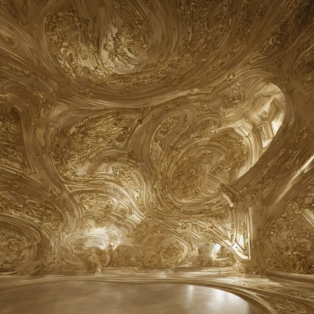 Image similar to an incredibly smooth curvilinear digital neo baroque interior architectural sculpture, a golden pool on the ground is envelope by folding white smooth surfaces, seductive, visually satisfying architecture render