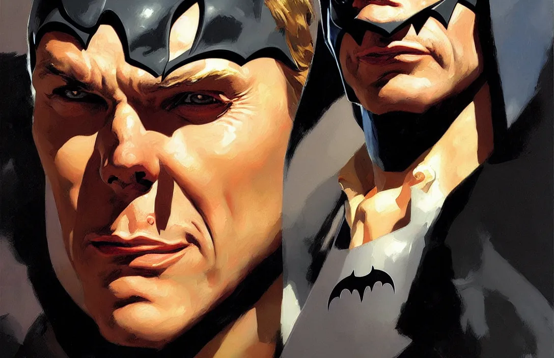 Prompt: portrait of adam west batman!!!!!!!!!!!!!!!!!!!!!!!!!!!, detailed face, detailed painting,, epic lighting, by ilya repin, phil hale and kent williams