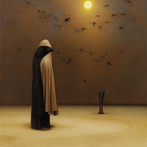 Image similar to Exterior Desert Oasis dessicated physique demonic crow wearing a man costume giorgio de chirico Jan Van eyck bastien lecouffe-deharme odd nerdrum dragan bibin john steuart curry dan witz