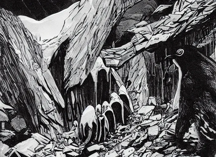 Prompt: penguin rising out of the grave, art by bernie wrightson,