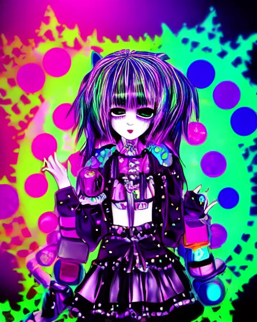 Prompt: emo jester anime girl, in neo tokyo hong kong, kawaii decora rainbowcore, vhs monster high, glitchcore witchcore, checkered spiked hair, pixiv, a mage witch hacker hologram by penny patricia poppycock, pixabay contest winner, holography, irridescent, photoillustration, maximalist maximalism vaporwave, serial experiments lain