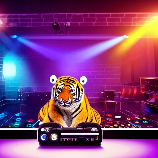 Prompt: a cute tiger as a dj in a night club, lights, headphones, ultra detailed 8 k, realistic photo