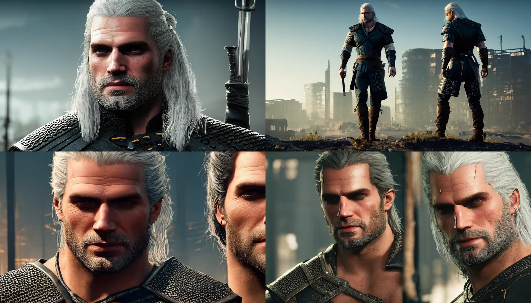 Prompt: henry cavill as geralt of rivia, in the style of johnny silverhand, in the style of cyberpunk 2 0 7 7, futuristic, unreal engine 5, 8 k, sharp and detailed