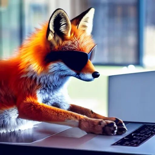 Image similar to photograph of a fox with shades using a laptop to debug code